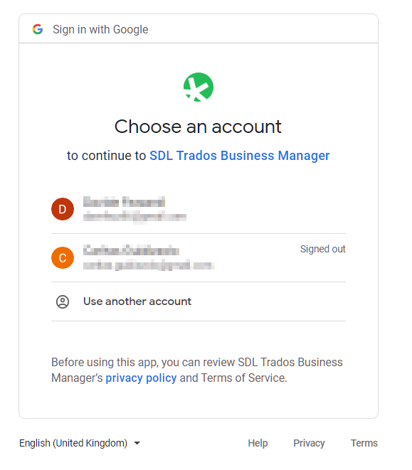 Google account selection screen for SDL Trados Business Manager with two blurred out accounts and an option to use another account.