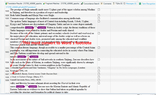 Screenshot of Trados Studio showing a PDF translation with footnotes incorrectly placed in the middle of the page instead of being converted to Word's footnote format.