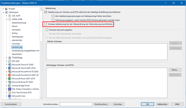 Trados Studio project settings window showing a warning message 'Warning issued when no valid DTDSchema could be found' with the schema validation during verification option checked.
