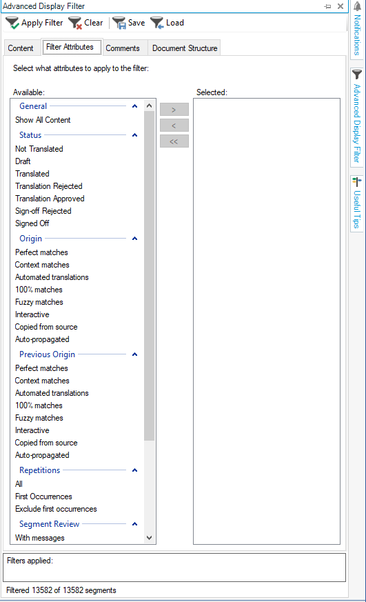 Screenshot of Trados Studio's 'Advanced Display Filter' dialog box showing various filter attributes such as 'Not Translated', 'Draft', and 'Translated' without options for filtering by creation or modification date.