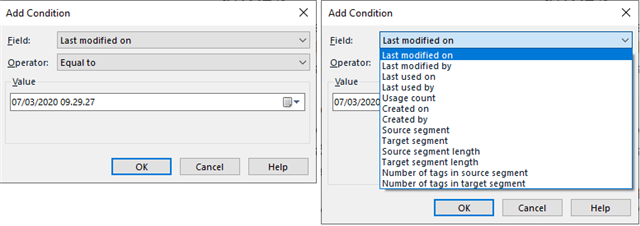 Screenshot of Trados Studio's 'Add Condition' dialog box with 'Last modified on' field selected and a specific date and time entered as the value.