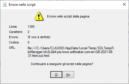Error message in Trados Studio showing 'Errore nello script della pagina' with details about the line number, character, error 'S' non e definito', and a file path.