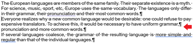 Screenshot of a text document with an error indicated by a red arrow, showing a carriage return after 'uniform grammar,' which should not be there.