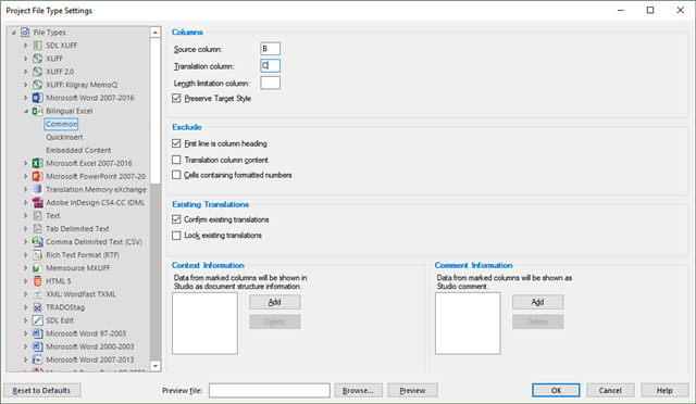 Trados Studio Project File Type Settings window showing options for Bilingual Excel file type with columns for source, translation, and length limitation.