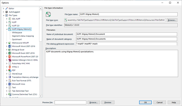 Trados Studio Options window showing File Types with XLIFF Kilgray MemoQ selected, displaying file type information including name, icon, identifier, filenames, document category, and description.