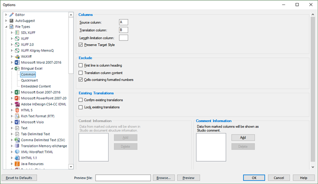Trados Studio Options window displaying Bilingual Excel settings with columns for source and translation specified and options for excluding text in column heading and cells containing formatted numbers.