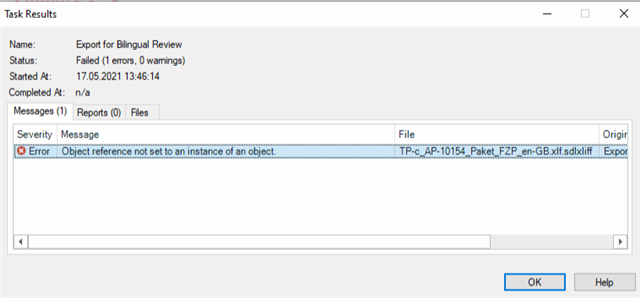 Trados Studio Task Results window showing an error for 'Export for Bilingual Review' with status 'Failed' and message 'Object reference not set to an instance of an object.'
