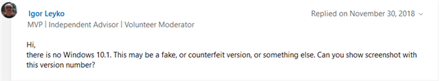 Forum reply from Igor Leyko, stating there is no Windows 10.1 and suggesting it may be a fake or counterfeit version.