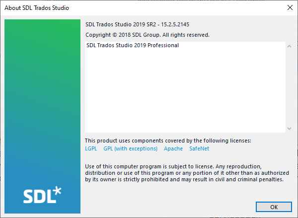 About SDL Trados Studio window showing version 2019 SR2 - 15.2.5.2145 with copyright and license information.
