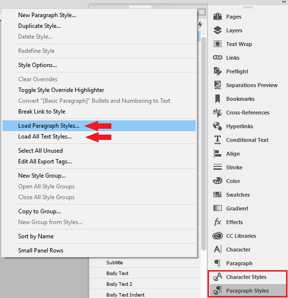 Adobe InDesign menu with 'Load Paragraph Styles...' option highlighted by red arrows, and 'Paragraph Styles' panel open.