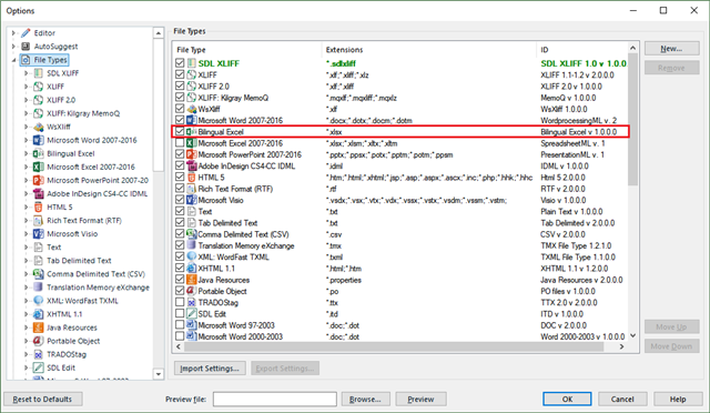 Trados Studio Options window showing File Types list with 'Bilingual Excel' file type highlighted and prioritized above other Excel file types.