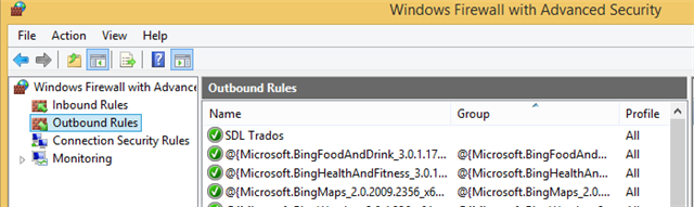 Windows Firewall with Advanced Security window showing outbound rules with 'SDL Trados' allowed.