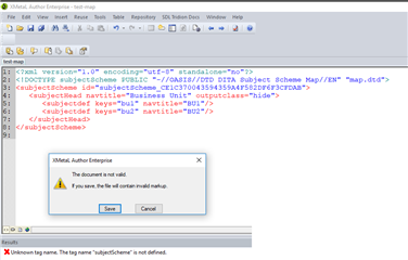 Error message in XMetaL Author Enterprise stating 'The document is not valid. If you save, the file will contain invalid markup.' with options to Save, Cancel, or view the full error report.