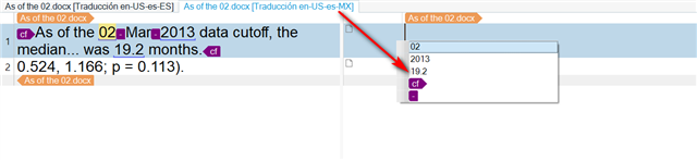 Screenshot of Trados Studio displaying a dropdown menu with options '02', '2013', '19.2', and a selected term 'df' in Spanish for Mexico (ES-MX) variant.