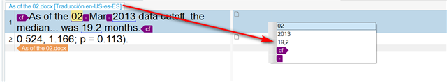 Screenshot of Trados Studio showing a dropdown menu with options '02', '2013', '19.2', and a selected term 'df' in Spanish for Spain (ES-ES) variant.