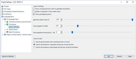 Screenshot of Trados Studio Project Settings showing Search Settings with Minimum match value % set to 100.