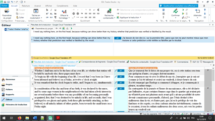 Screenshot of Trados Studio software showing a segment of text with incorrect grammar and syntax in the translation results pane.