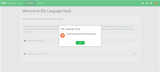 Screenshot of SDL Language Cloud dashboard displaying an error message 'You don't have permissions for this account' with an OK button.