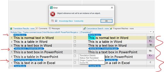 Trados Studio error message 'Object reference not set to an instance of an object' displayed while attempting to save a comment in a merged view of Word, PowerPoint, and Excel files.