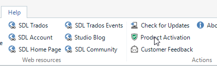 Trados Studio Help menu dropdown with options including SDL Trados, SDL Account, Check for Updates, and Product Activation highlighted.