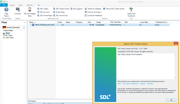 About dialog box for SDL Trados Studio 2019 showing version number 15.2.7.2849 and copyright information.