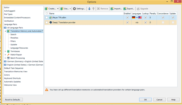 Trados Studio options window showing Translation Memory and Automated Translation settings with DeepL Translation provider added but not functional.