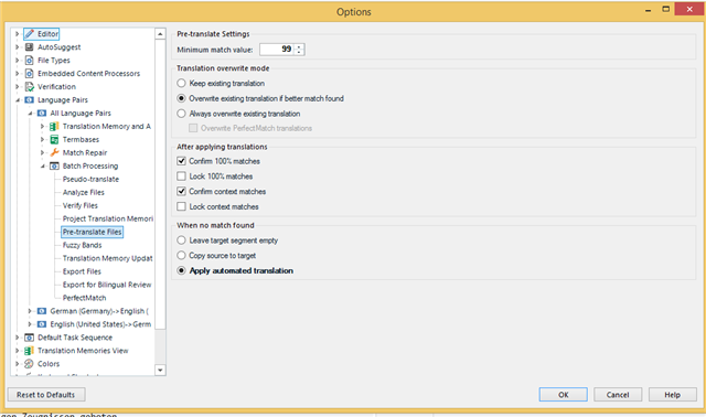 Trados Studio options window with Pre-translate Settings showing 'Apply automated translation' checked.