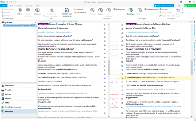 Screenshot of Trados Studio alignment view showing two columns of text segments with numbers indicating their position. No edit mode icon visible.