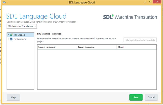 SDL Language Cloud window with empty lists for 'MT Models' and 'Dictionaries', indicating no available machine translation models or dictionaries.