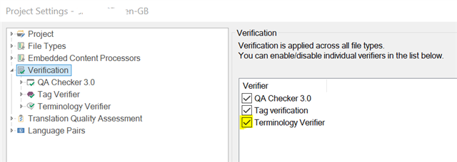 Trados Studio 2015 Project Settings window showing Verification options with QA Checker 3.0, Tag verification, and Terminology Verifier checked.