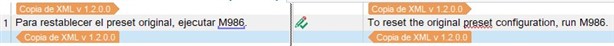 Screenshot of Trados Studio showing two segments in side-by-side view. Left segment in Spanish: 'Para restablecer el preset original, ejecutar M986.' Right segment in English: 'To reset the original preset configuration, run M986.'