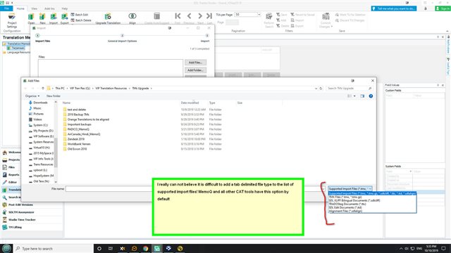 Screenshot of Trados Studio Ideas interface showing a user's comment about difficulty in adding a file type to the list of supported import file types, highlighted in green and red boxes.