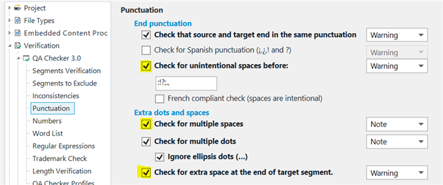 Trados Studio QA Checker settings showing options to check for multiple spaces and extra space at the end of target segment with warnings enabled.