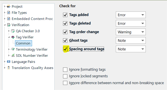 Trados Studio Tag Verifier settings with a checked option for spacing around tags, categorized as a note.