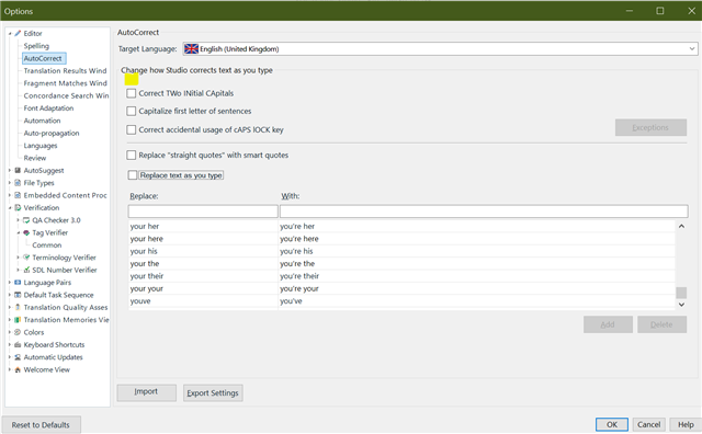 Trados Studio Autocorrect settings for the English (United Kingdom) target language with options for correcting text as you type.