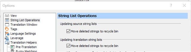 Trados Studio Options menu showing String List Operations with checkboxes for 'Move deleted strings to recycle bin' under both updating source and translation string lists.