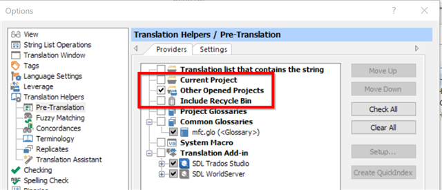 Trados Studio Options menu under Translation HelpersPre-Translation with 'Current Project', 'Other Opened Projects', and 'Include Recycle Bin' checkboxes checked.