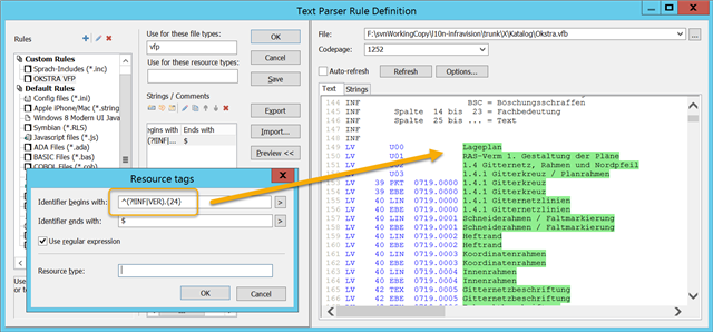 Screenshot of Trados Studio Text Parser Rule Definition window showing a regex rule to omit lines starting with 'INF' or 'VER' and count starting column 25.