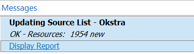 Screenshot of Trados Studio Messages panel displaying 'Updating Source List - Okstra' with 'OK - Resources: 1954 new', suggesting successful parsing of new resources.