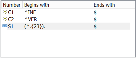 Screenshot of Trados Studio showing regular expression configuration with two conditions excluding lines beginning with 'INF' or 'VER' and a string definition separating the first 23 characters.