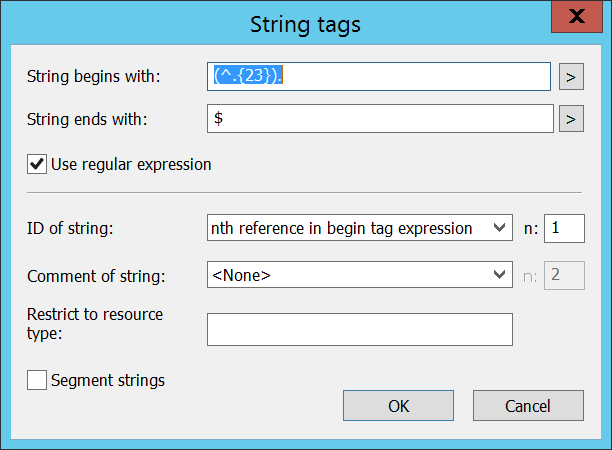 Screenshot of Trados Studio's 'String tags' dialog box with regular expression enabled, capturing the first 23 characters as the string ID.