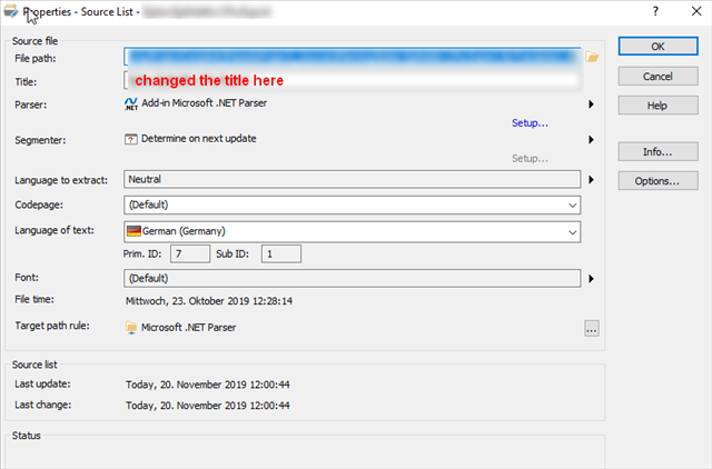 Trados Studio Properties window showing the source list with the title field edited to 'changed the title here' and other settings like parser and language.