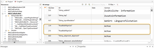 Screenshot of Trados Studio's editor window showing duplicate IDs 114 and 231 for the term 'RoadRailAlignGeo' in the source column.