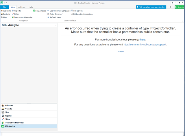 Trados Studio error message stating 'An error occurred when trying to create a controller of type 'ProjectController'. Make sure that the controller has a parameterless public constructor.'