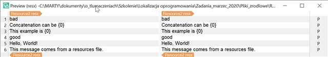 Preview of resx file in Trados Studio with variables 0, 1 displayed as non-translatable in the source and target columns.