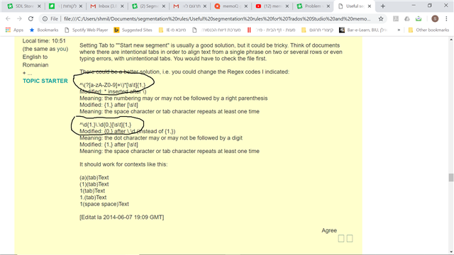 Screenshot of a forum post discussing Trados Studio segmentation rules with highlighted regex code and an example of text segmentation.