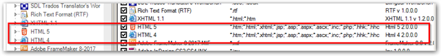 Trados Studio screenshot showing file types with a red error icon next to HTML 5 and HTML 4 file types.