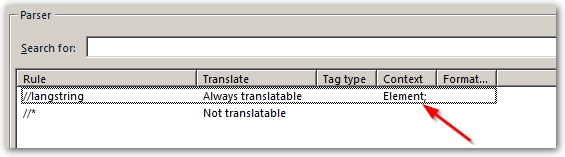 Screenshot of Trados Studio parser rule settings showing 'Element' specified in the context column for a rule.