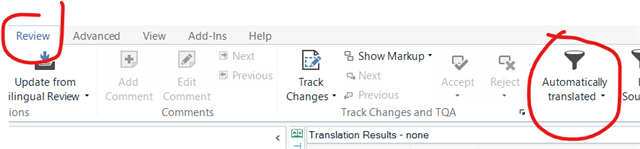 Trados Studio screenshot showing the Review tab highlighted and the 'Automatically translated' filter selected.