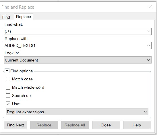 Find and Replace dialog box in Trados Studio with 'Find what' field containing '(.+)', 'Replace with' field containing 'YOUR_TEXT$1', and 'Use: Regular expressions' option checked.